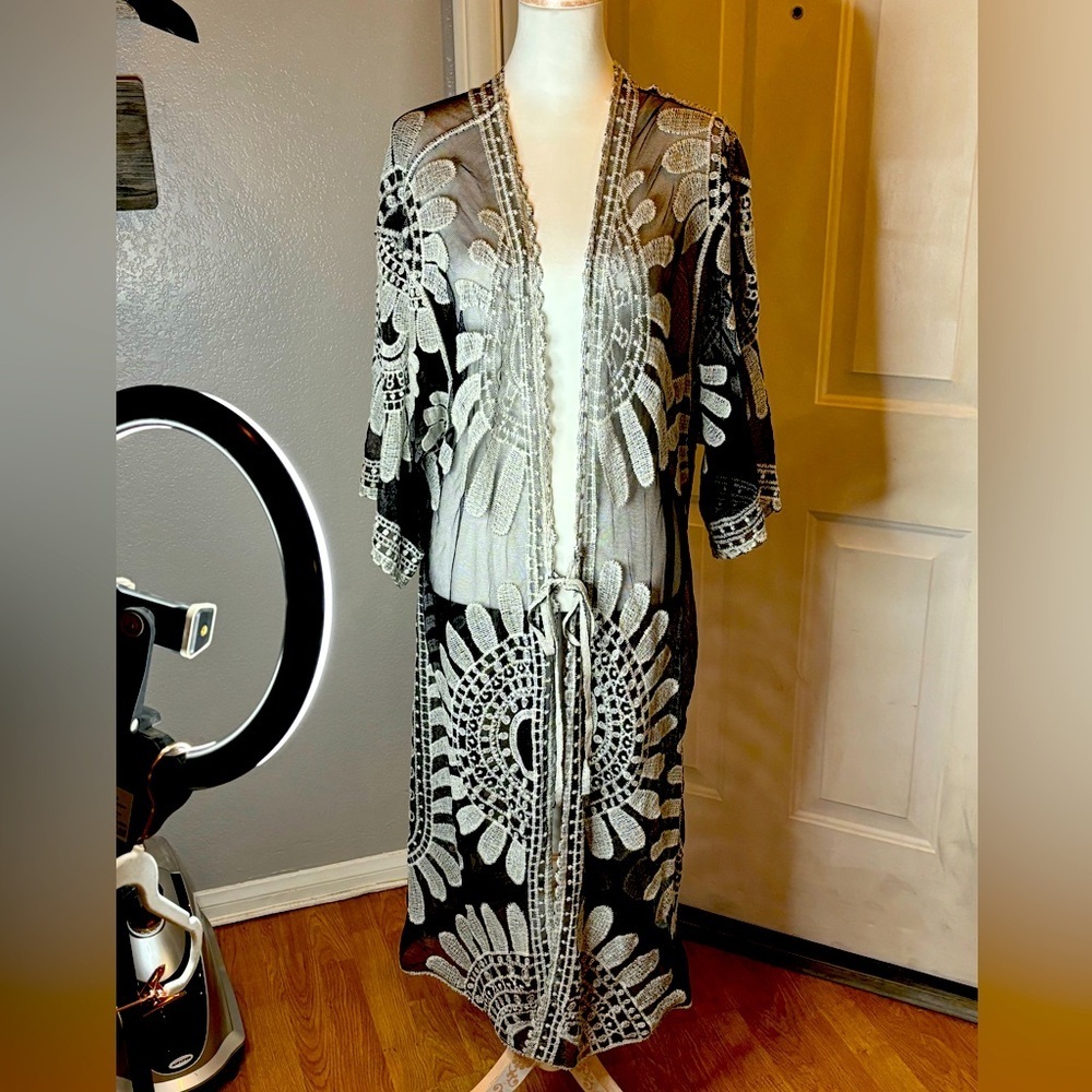 Sheer black and white bohemian kimono | women’s one size | real embroidery